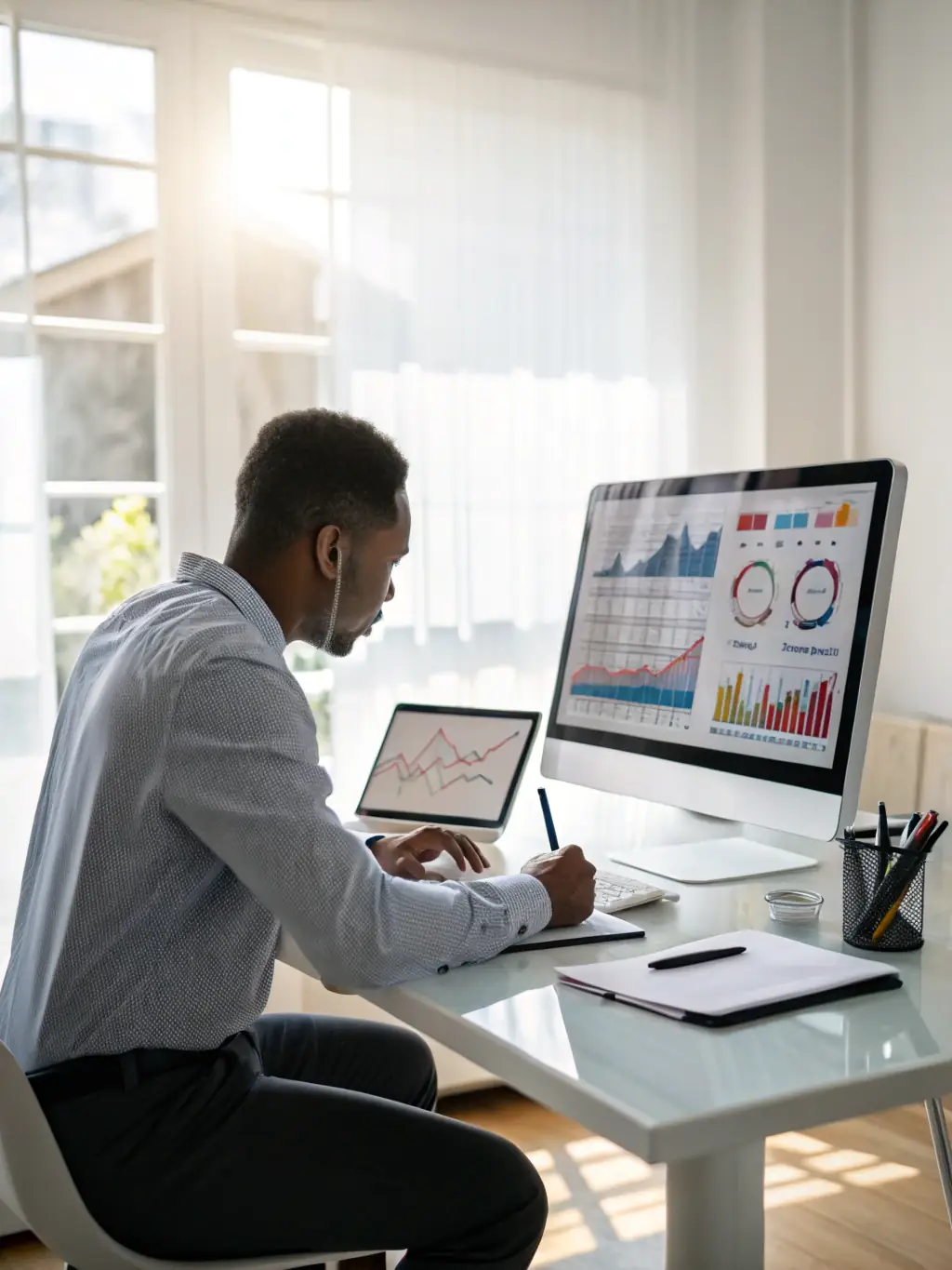 A business analyst presenting a data-driven report to a client, highlighting key insights and strategic recommendations.