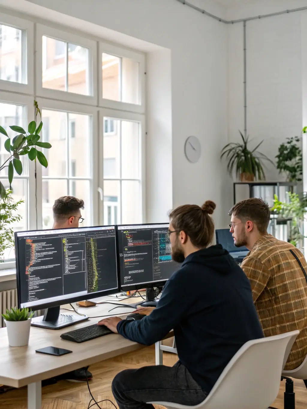 A team of software developers collaborating on a complex coding project, showcasing their expertise in creating custom software solutions for various business needs.