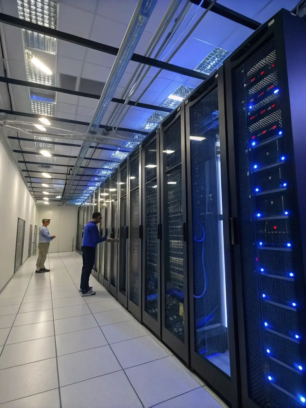 A secure data center with servers and cybersecurity professionals monitoring network activity, emphasizing data protection and reliability.