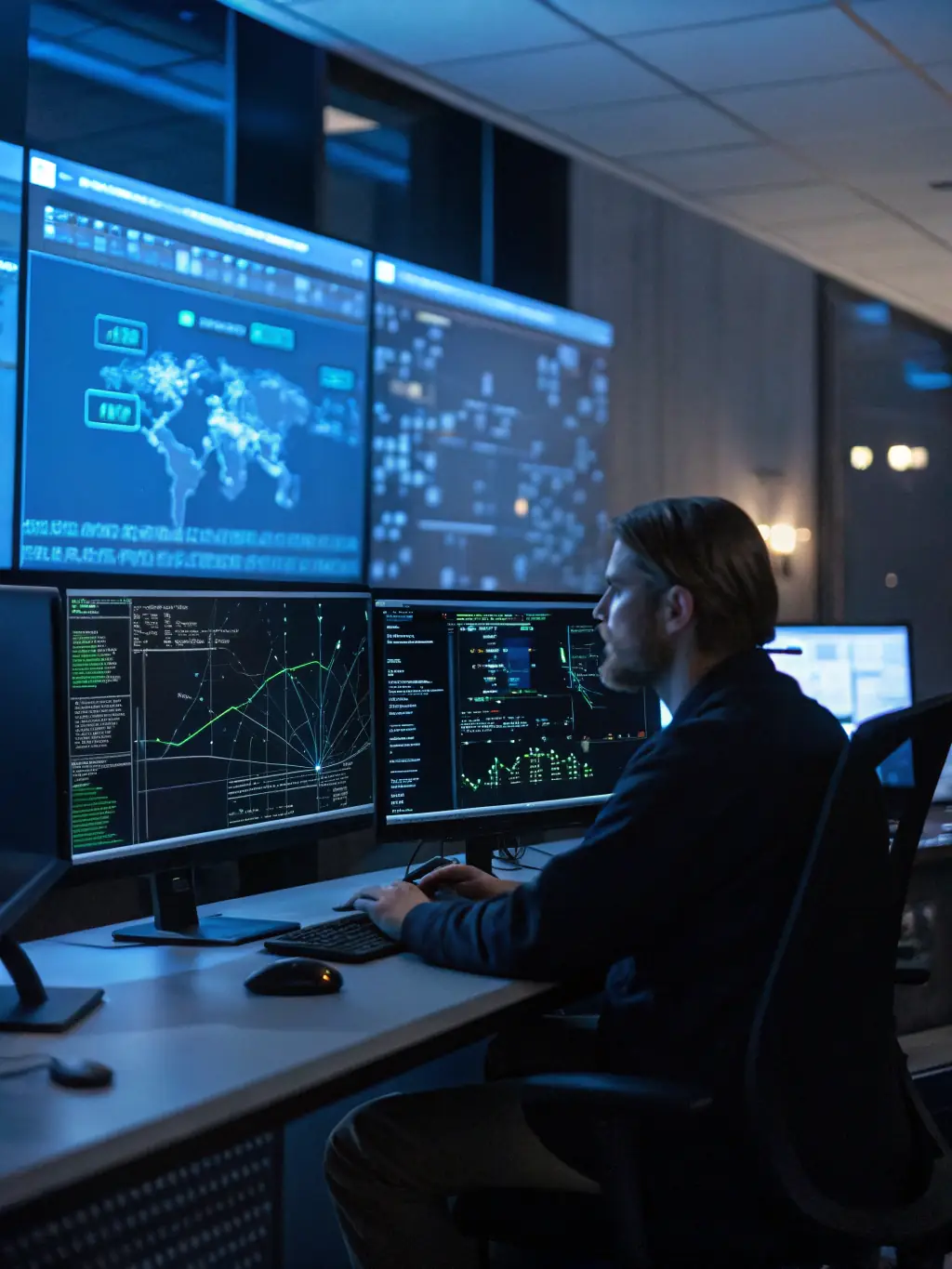 A cybersecurity expert analyzing network traffic, highlighting Medi Solutions LLC's commitment to secure and reliable software solutions.