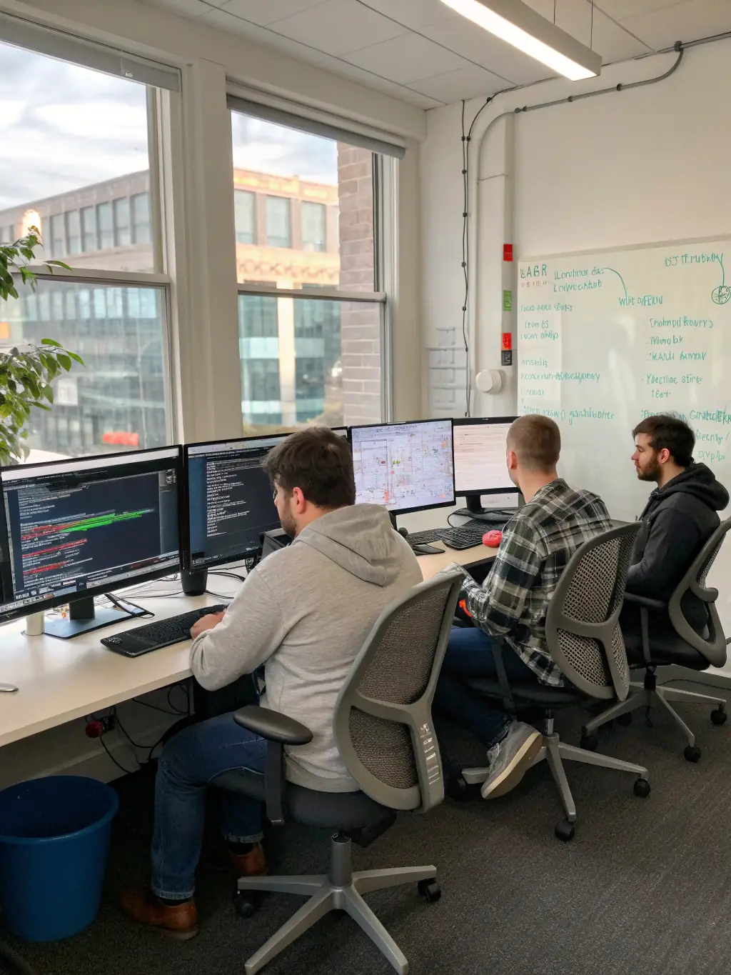 A diverse team of software developers collaborating on a complex coding project, showcasing their expertise and teamwork.